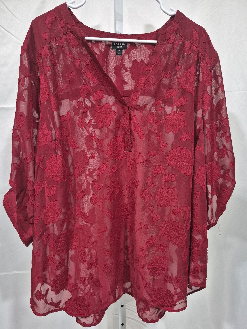 Torrid Harper Floral Burnout Sheer Blouse Size 4(26/28) Burgundy Boho Romantic